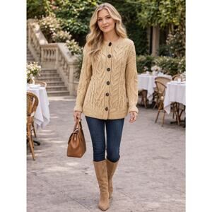 Kilronan Knitwear Ireland 100% Merino Wool Aran Cable Knit Long Cardigan Medium